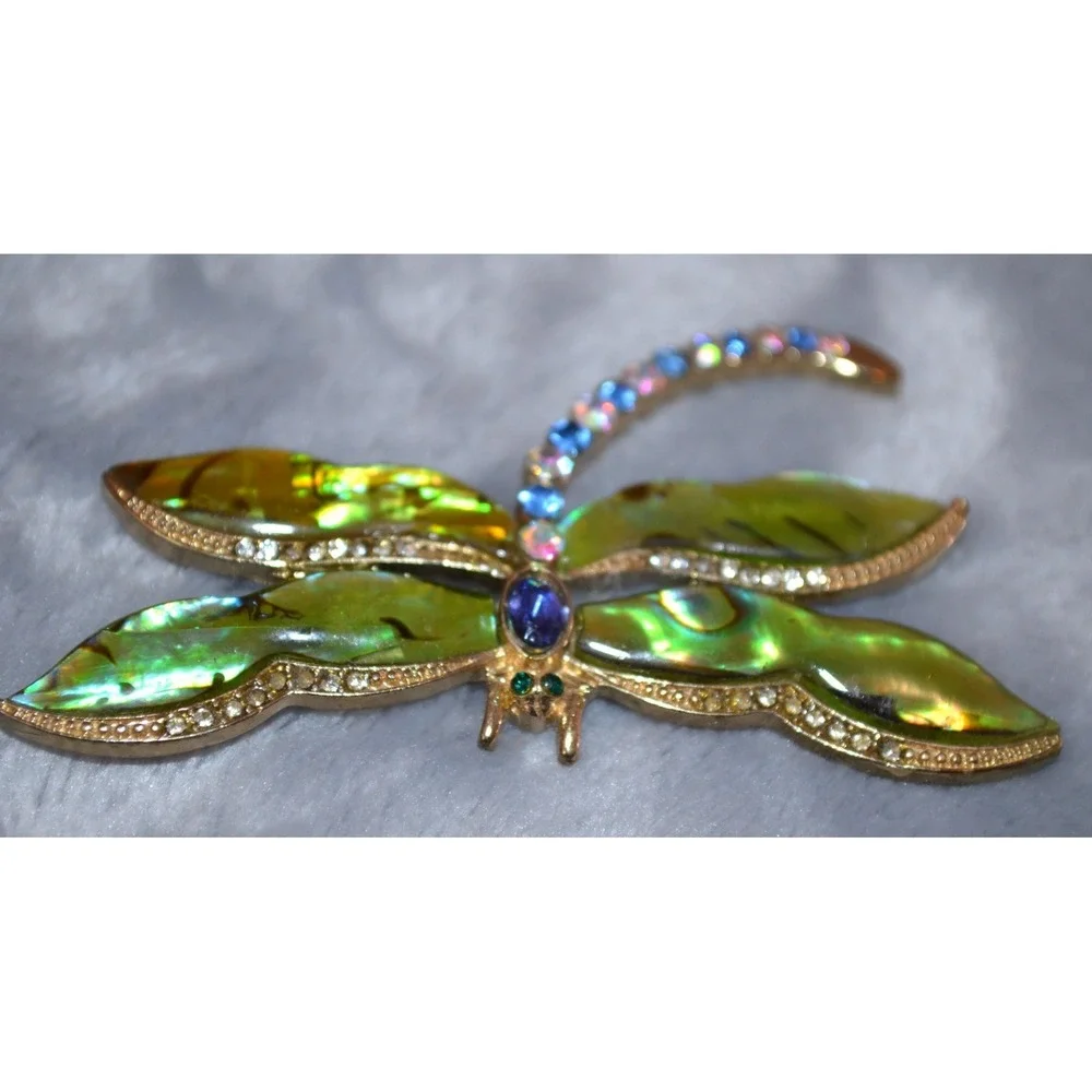 Vintage Kenneth‎ Cole Dragonfly Brooch / Pin Abalone & Rhinestones 2.75
